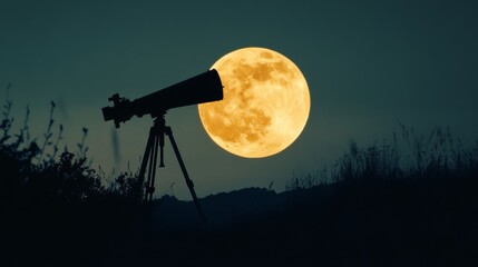 a large telescope is silhouetted against a luminous full moon, creating a scene of cosmic wonder.