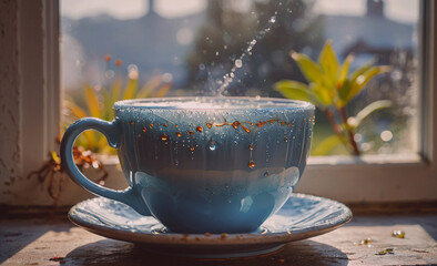 Aufkleber - Blue coffee cup with a white saucer sits on a windowsill. The cup is filled with coffee and has a few drops of water on the side. Concept of relaxation and comfort