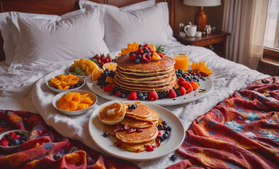 Poster - Bed with a stack of pancakes and fruit on a table. Scene is relaxed and inviting