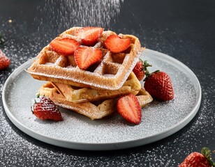 Wall Mural - delicious belgian waffles sprinkled with powdered sugar syrup and strawberries