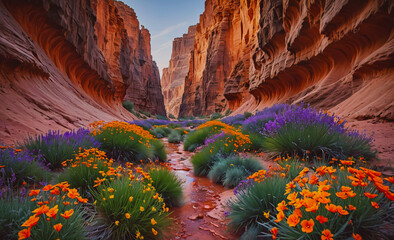 Poster - Canyon with a river running through it and flowers growing on the banks. The flowers are purple and orange