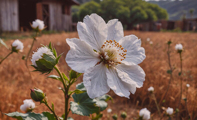 Poster - White flower in a field with a brown background. The flower is the main focus of the image
