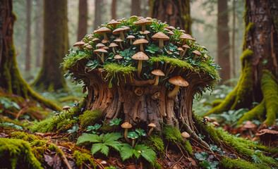 Aufkleber - Large mushroom tree with many mushrooms growing on it. The mushrooms are green and brown. The tree is surrounded by moss and leaves