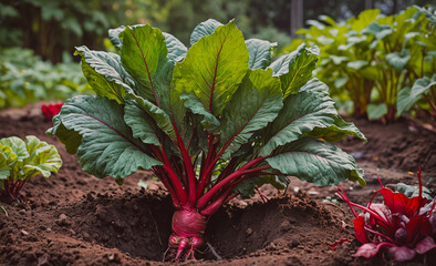 Poster - Large red beet is growing in the dirt. The beet is surrounded by other vegetables, including a carrot and a radish. The scene is peaceful and serene, with the vegetables growing in a natural