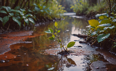 Poster - Small plant is growing in a stream of water. The water is brown and murky. The plant is the only green thing in the scene