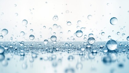Poster - Closeup view of water bubbles floating, falling. Clear water droplets create beautiful pattern on light-toned surface. Image shows variety of sizes, shapes of bubbles. Bubbles shiny, transparent.