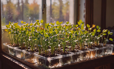 Poster - Bunch of plants are in small plastic containers on a table. The plants are green and are growing