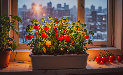 Poster - Window sill with a potted plant with red tomatoes and a window with a city view. The plant is lit up and the tomatoes are glowing