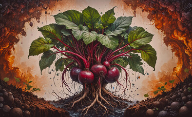 Aufkleber - Painting of a tree with red beets growing out of it. The painting has a surreal and dreamlike quality to it, with the tree appearing to be growing out of the ground and the beets appearing to be