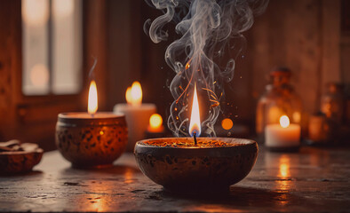 Aufkleber - Table with three candles, one of which is lit. The other two candles are unlit. The lit candle is surrounded by smoke, creating a warm and cozy atmosphere