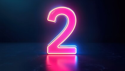 Poster - Vibrant pink, blue neon number two glows on dark background. 3D rendering shows glossy finish, futuristic style. Illuminated design for tech gaming projects. Modern art, design elements. Use for