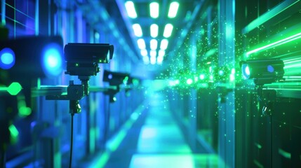 Poster - a of smart cameras positioned strategically above assembly lines with green and blue light flares ra