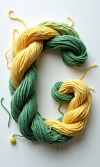 Letter or number crafted from twisted yarn in vibrant yellow and green tones, arranged on a white background
