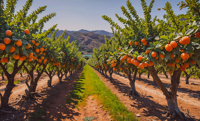 Poster - Row of orange trees with many oranges on the branches. The trees are in a field with a dirt road in between them