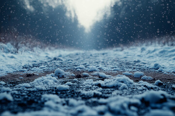 Wall Mural - Abstract background of snow and winter landscape with falling snowflakes, snowdrifts and forest in the blurry backdrop. Winter concept banner for Christmas or New Year. Focus on foreground