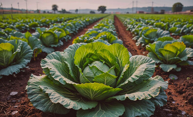 Poster - Large green cabbage is the main focus of the image. The field is filled with rows of green vegetables, including the cabbage. Scene is peaceful and serene, as the vegetables are growing in a natural
