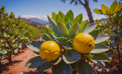 Poster - Two lemons are hanging from a plant. The lemons are yellow and appear to be ripe