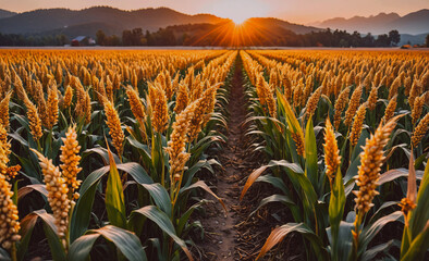 Poster - Field of golden wheat with the sun shining on it. The sun is in the sky and the wheat is tall