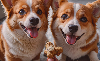 Poster - Two dogs are sitting next to each other and one of them is holding a treat in its mouth