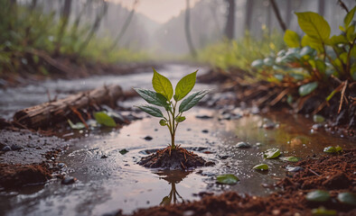 Poster - Small plant is growing in a puddle of water. The plant is surrounded by mud and rocks. The scene is peaceful and serene, with the plant standing out as a symbol of hope and growth