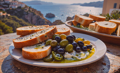 Poster - White plate with bread and olives is placed on a table. The bread is positioned to the right of the olives, creating a visually appealing and appetizing presentation