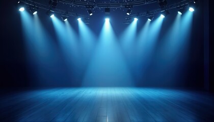 Poster - Empty stage with spotlight beams. Dark blue room for product presentation. Stylish studio theater. Great for products. Modern, elegant setup. Perfect for tech product launch, luxury fashion show