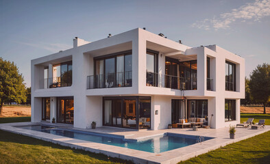 Poster - Large white house with a pool and a patio. The house is surrounded by a lush green lawn