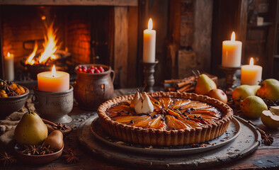 Poster - Table with a pie and candles on it. The pie is a fruit pie with apples and pears. The table also has a bowl of pears and a bowl of apples