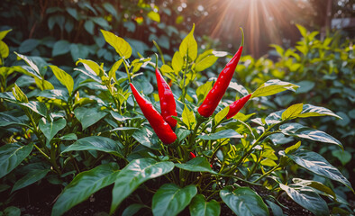 Poster - Bunch of red peppers are growing in a garden. The peppers are green and red, and they are growing in a sunny area