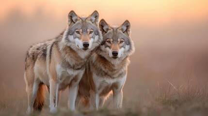 Two wolves at sunset in a field, wildlife photography for nature documentaries