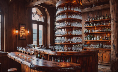 Aufkleber - Bar with a lot of glasses and bottles on the shelves. The bar is wooden and has a rustic feel