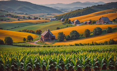 Poster - Picturesque countryside scene with a vast field of corn stretching out as far as the eye can see. In the distance, there is a small house nestled among the rolling hills. The landscape is dotted with