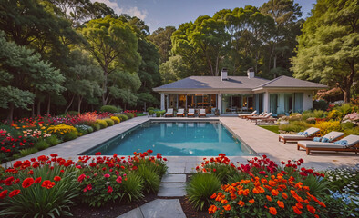 Poster - Large house with a pool and a garden. The pool is surrounded by flowers and the house has a lot of windows