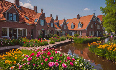 Aufkleber - Row of houses with a garden in front of them. The houses are red and brown. The garden is full of flowers and plants