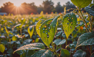 Poster - Leaf with drops of water on it. The sun is shining on the leaf. Concept of freshness and vitality