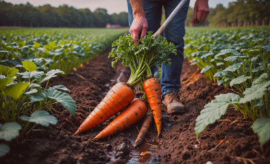 Poster - Man is holding a bunch of carrots in a field. The carrots are orange and appear to be freshly picked. Concept of abundance and the beauty of nature