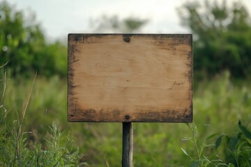 Empty wooden sign against a field of green grass