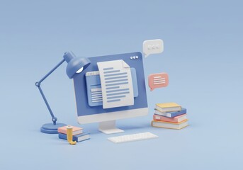 Poster - A 3D illustration of an online learning environment of a computer monitor displaying a digital document surrounded by a desk lamp, books and a chat bubble