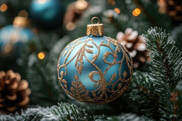 Poster - A detailed view of a Christmas ornament hanging from a tree branch