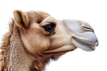 Poster - A close-up shot of a camel's face on a white background