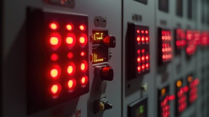 Poster - A detailed shot of a control panel with red lights indicating status or alerts