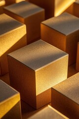 Poster - A collection of small golden cubes placed on a wooden floor, great for decorative and design purposes