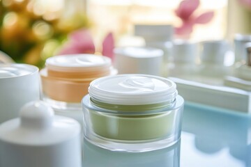 Poster - A close-up shot of a jar of cream sitting on a table, with a simple and clean background