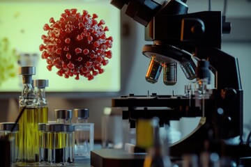 Poster - A microscope and several bottles of oil on a table, perfect for scientific or educational settings