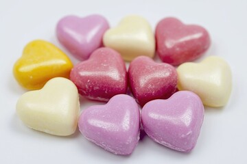Poster - A pile of colorful candy hearts on a white surface, ideal for sweet treats or Valentine's Day decorations