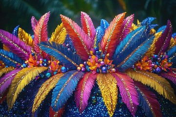 Poster - A close-up shot of a vibrant hat adorned with feathers, perfect for capturing attention in fashion or travel photography