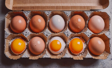 Poster - Dozen eggs are in a carton, with one of them cracked open. The carton is white and brown, and the eggs are arranged in a neat row. The cracked egg is in the middle of the row