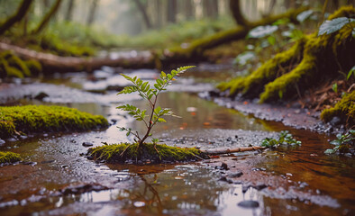 Poster - Small plant is growing in a stream. The water is murky and the plant is barely visible