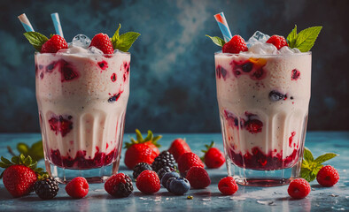 Poster - Two glasses of strawberry milkshakes with a bunch of strawberries on the table. Scene is sweet and refreshing