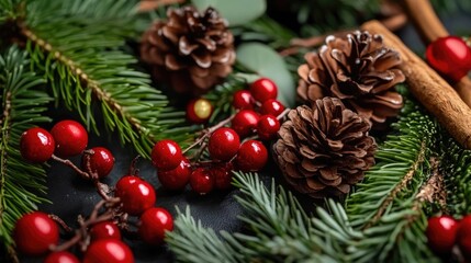 Poster - Close-up shot of a collection of pine cones and berries on a natural background